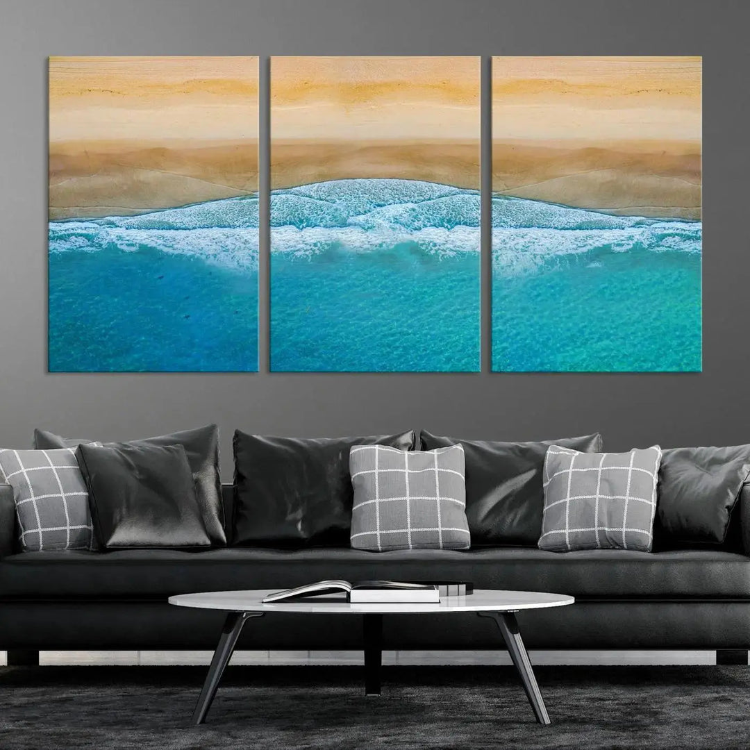 Ocean Aerial Beach Canvas Wall Art Print features a triptych of an aerial beach scene with waves, gallery-wrapped on museum-quality canvas.