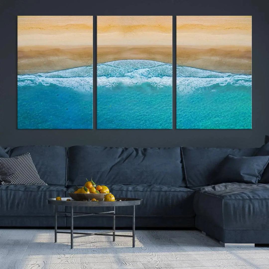 Ocean Aerial Beach Canvas Wall Art Print features a triptych of an aerial beach scene with waves, gallery-wrapped on museum-quality canvas.