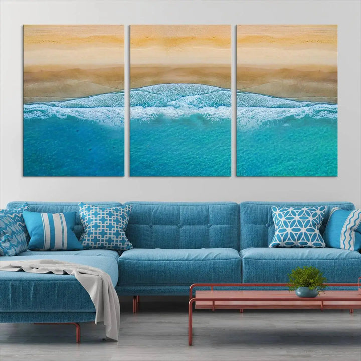 Ocean Aerial Beach Canvas Wall Art Print features a triptych of an aerial beach scene with waves, gallery-wrapped on museum-quality canvas.