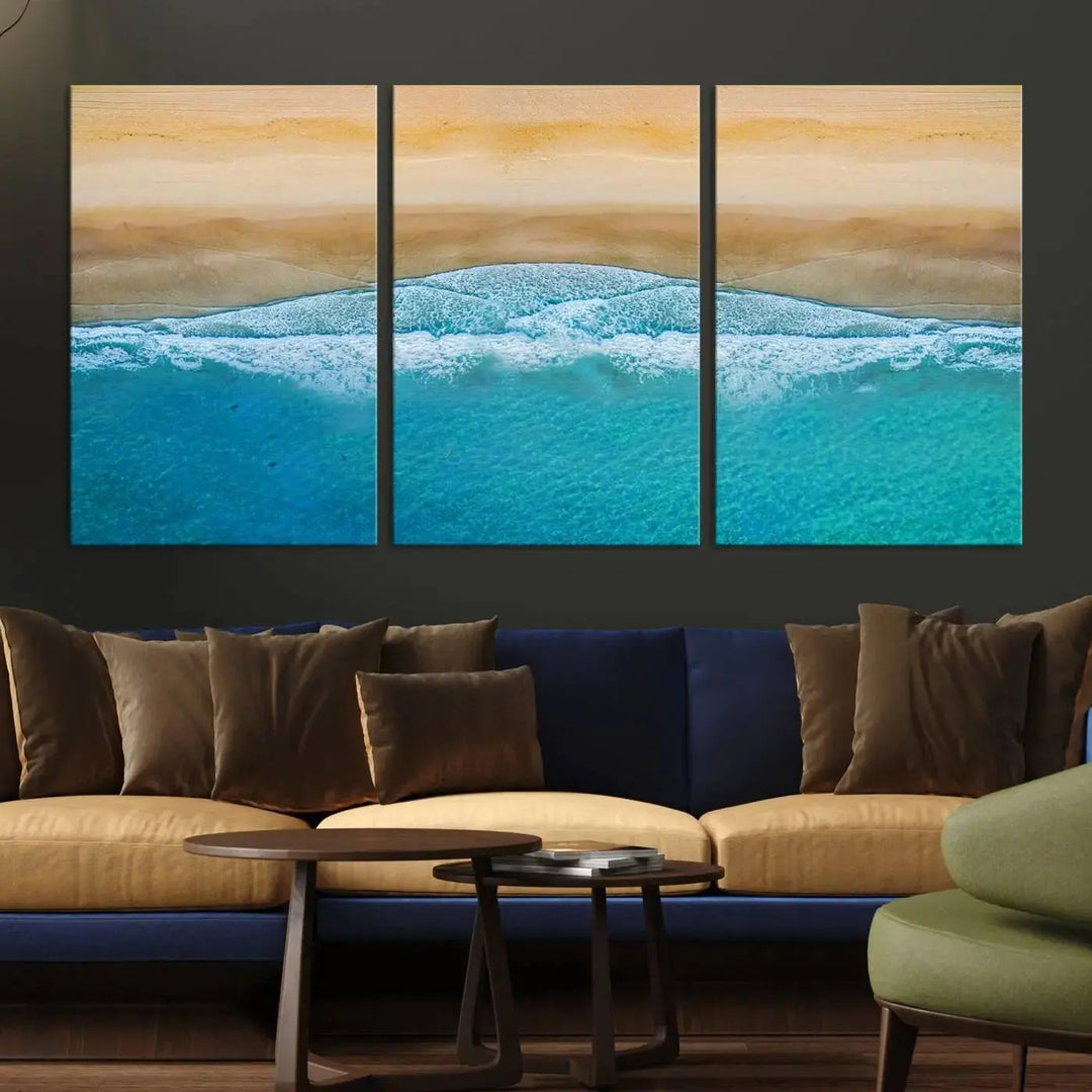 Ocean Aerial Beach Canvas Wall Art Print features a triptych of an aerial beach scene with waves, gallery-wrapped on museum-quality canvas.