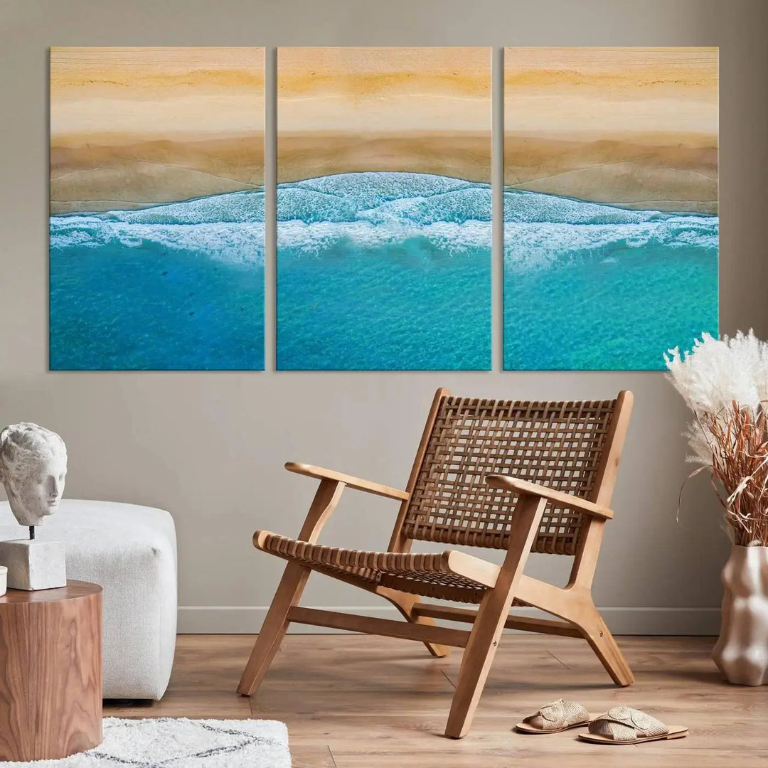 Ocean Aerial Beach Canvas Wall Art Print features a triptych of an aerial beach scene with waves, gallery-wrapped on museum-quality canvas.