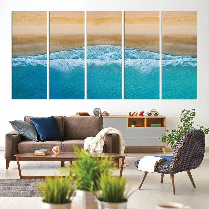 Ocean Aerial Beach Canvas Wall Art Print features a triptych of an aerial beach scene with waves, gallery-wrapped on museum-quality canvas.