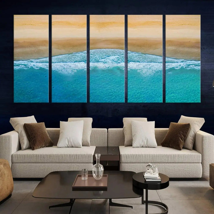 Ocean Aerial Beach Canvas Wall Art Print features a triptych of an aerial beach scene with waves, gallery-wrapped on museum-quality canvas.