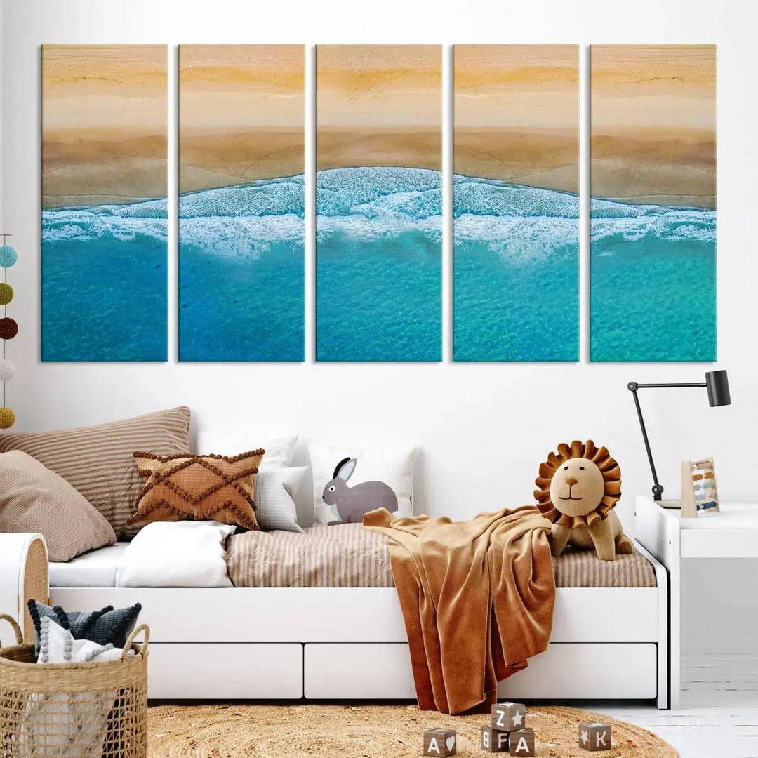 Ocean Aerial Beach Canvas Wall Art Print features a triptych of an aerial beach scene with waves, gallery-wrapped on museum-quality canvas.