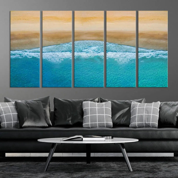 Ocean Aerial Beach Canvas Wall Art Print features a triptych of an aerial beach scene with waves, gallery-wrapped on museum-quality canvas.