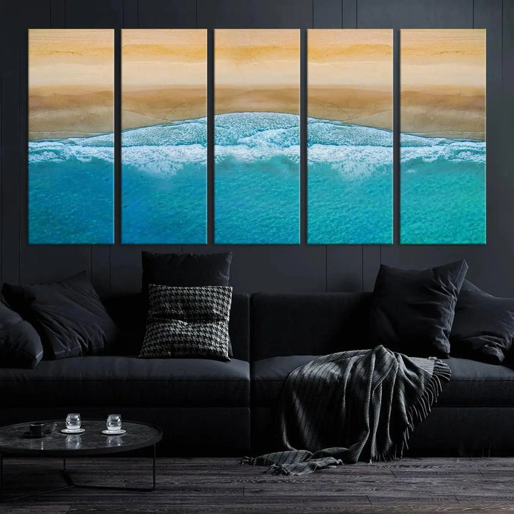 Ocean Aerial Beach Canvas Wall Art Print features a triptych of an aerial beach scene with waves, gallery-wrapped on museum-quality canvas.