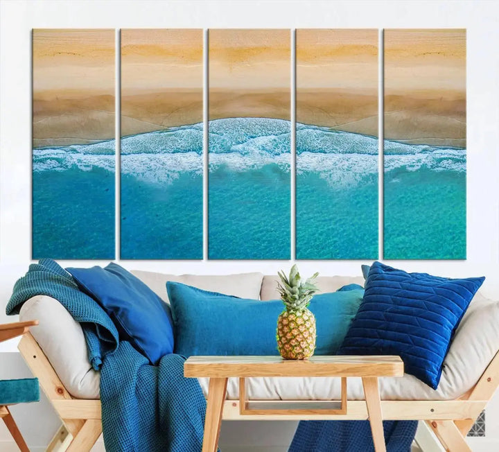 Ocean Aerial Beach Canvas Wall Art Print features a triptych of an aerial beach scene with waves, gallery-wrapped on museum-quality canvas.