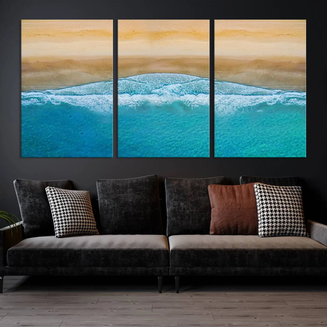 Ocean Aerial Beach Canvas Wall Art Print features a triptych of an aerial beach scene with waves, gallery-wrapped on museum-quality canvas.