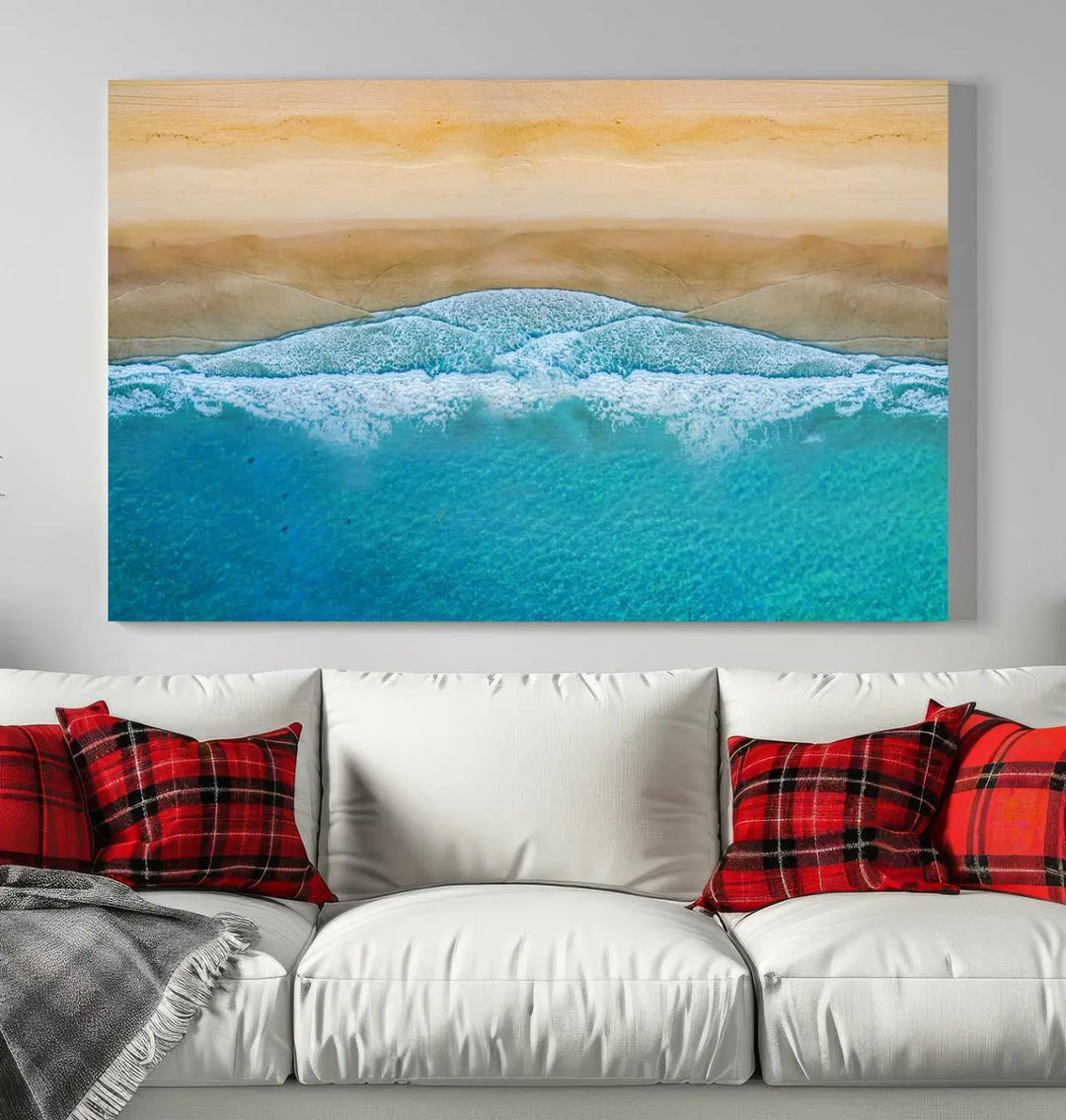 Ocean Aerial Beach Canvas Wall Art Print features a triptych of an aerial beach scene with waves, gallery-wrapped on museum-quality canvas.