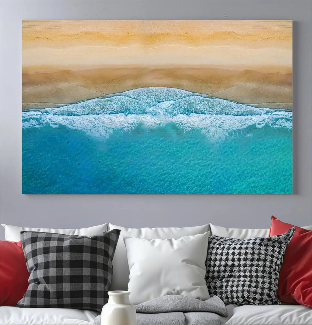 Ocean Aerial Beach Canvas Wall Art Print features a triptych of an aerial beach scene with waves, gallery-wrapped on museum-quality canvas.