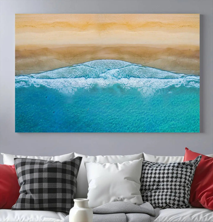 Ocean Aerial Beach Canvas Wall Art Print features a triptych of an aerial beach scene with waves, gallery-wrapped on museum-quality canvas.