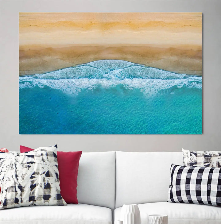 Ocean Aerial Beach Canvas Wall Art Print features a triptych of an aerial beach scene with waves, gallery-wrapped on museum-quality canvas.