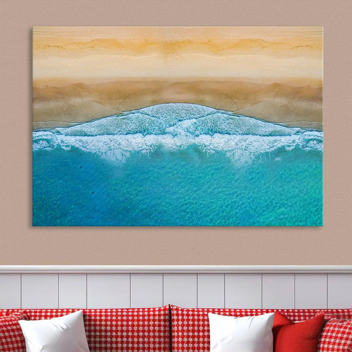 Ocean Aerial Beach Canvas Wall Art Print features a triptych of an aerial beach scene with waves, gallery-wrapped on museum-quality canvas.