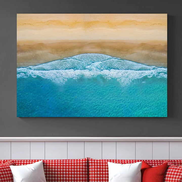 Ocean Aerial Beach Canvas Wall Art Print features a triptych of an aerial beach scene with waves, gallery-wrapped on museum-quality canvas.