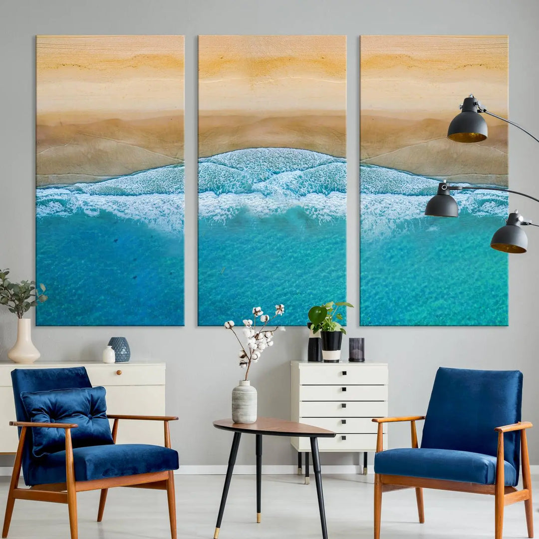 Ocean Aerial Beach Canvas Wall Art Print features a triptych of an aerial beach scene with waves, gallery-wrapped on museum-quality canvas.