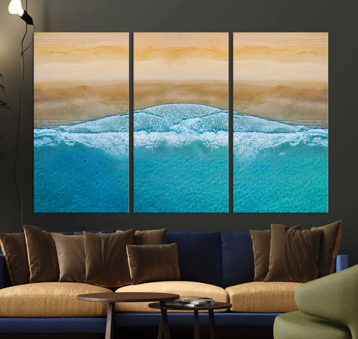 Ocean Aerial Beach Canvas Wall Art Print features a triptych of an aerial beach scene with waves, gallery-wrapped on museum-quality canvas.