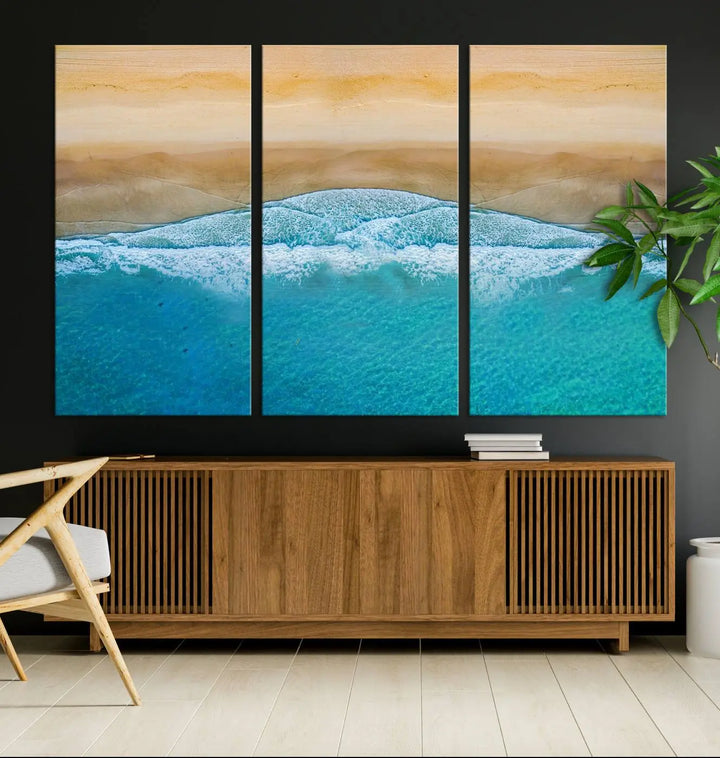 Ocean Aerial Beach Canvas Wall Art Print features a triptych of an aerial beach scene with waves, gallery-wrapped on museum-quality canvas.