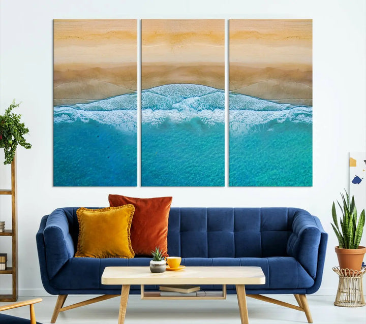 Ocean Aerial Beach Canvas Wall Art Print features a triptych of an aerial beach scene with waves, gallery-wrapped on museum-quality canvas.