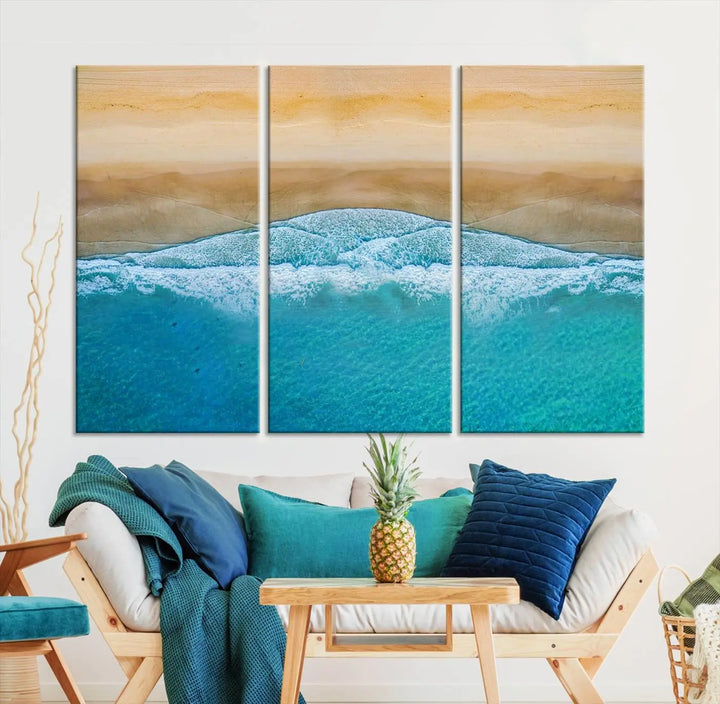 Ocean Aerial Beach Canvas Wall Art Print features a triptych of an aerial beach scene with waves, gallery-wrapped on museum-quality canvas.