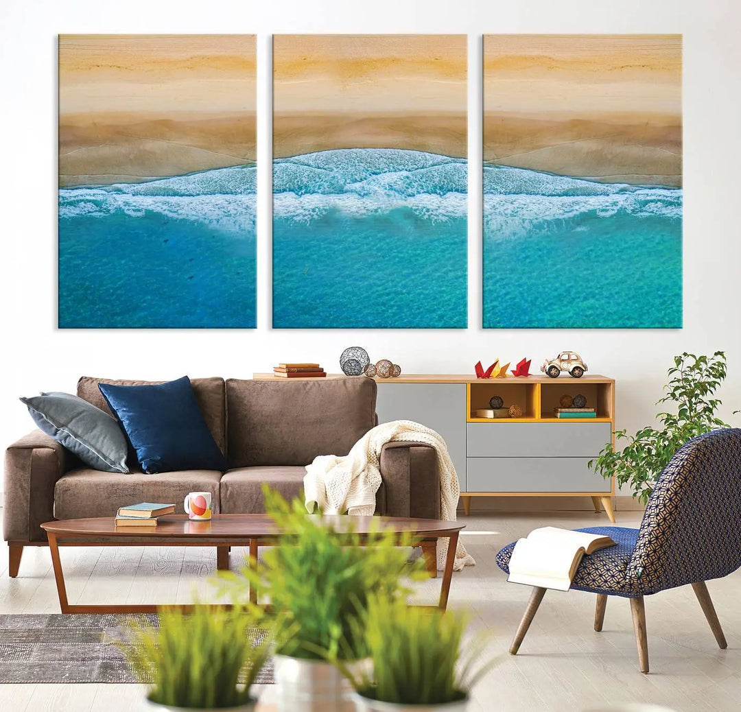 Ocean Aerial Beach Canvas Wall Art Print features a triptych of an aerial beach scene with waves, gallery-wrapped on museum-quality canvas.