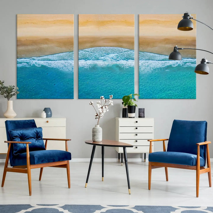 Ocean Aerial Beach Canvas Wall Art Print features a triptych of an aerial beach scene with waves, gallery-wrapped on museum-quality canvas.