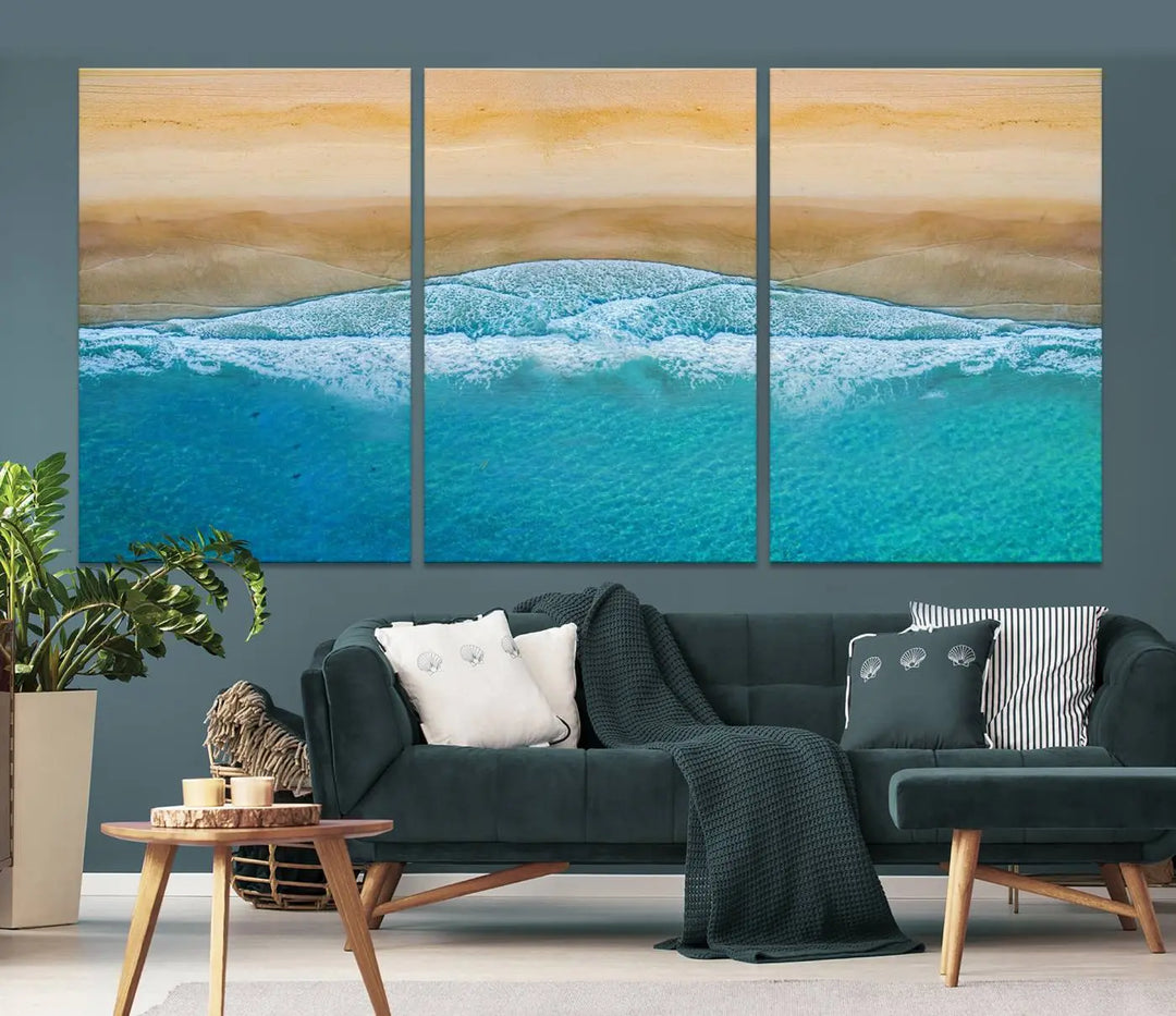 Ocean Aerial Beach Canvas Wall Art Print features a triptych of an aerial beach scene with waves, gallery-wrapped on museum-quality canvas.