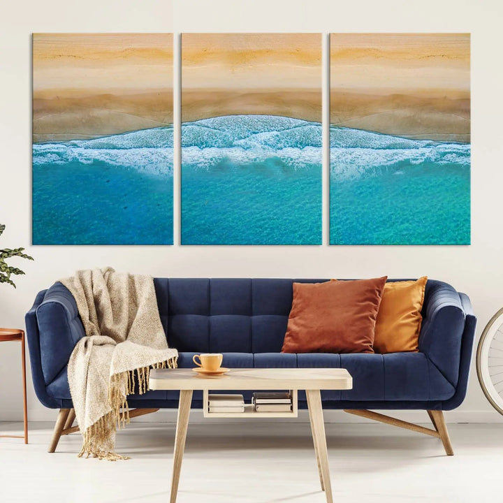 Ocean Aerial Beach Canvas Wall Art Print features a triptych of an aerial beach scene with waves, gallery-wrapped on museum-quality canvas.