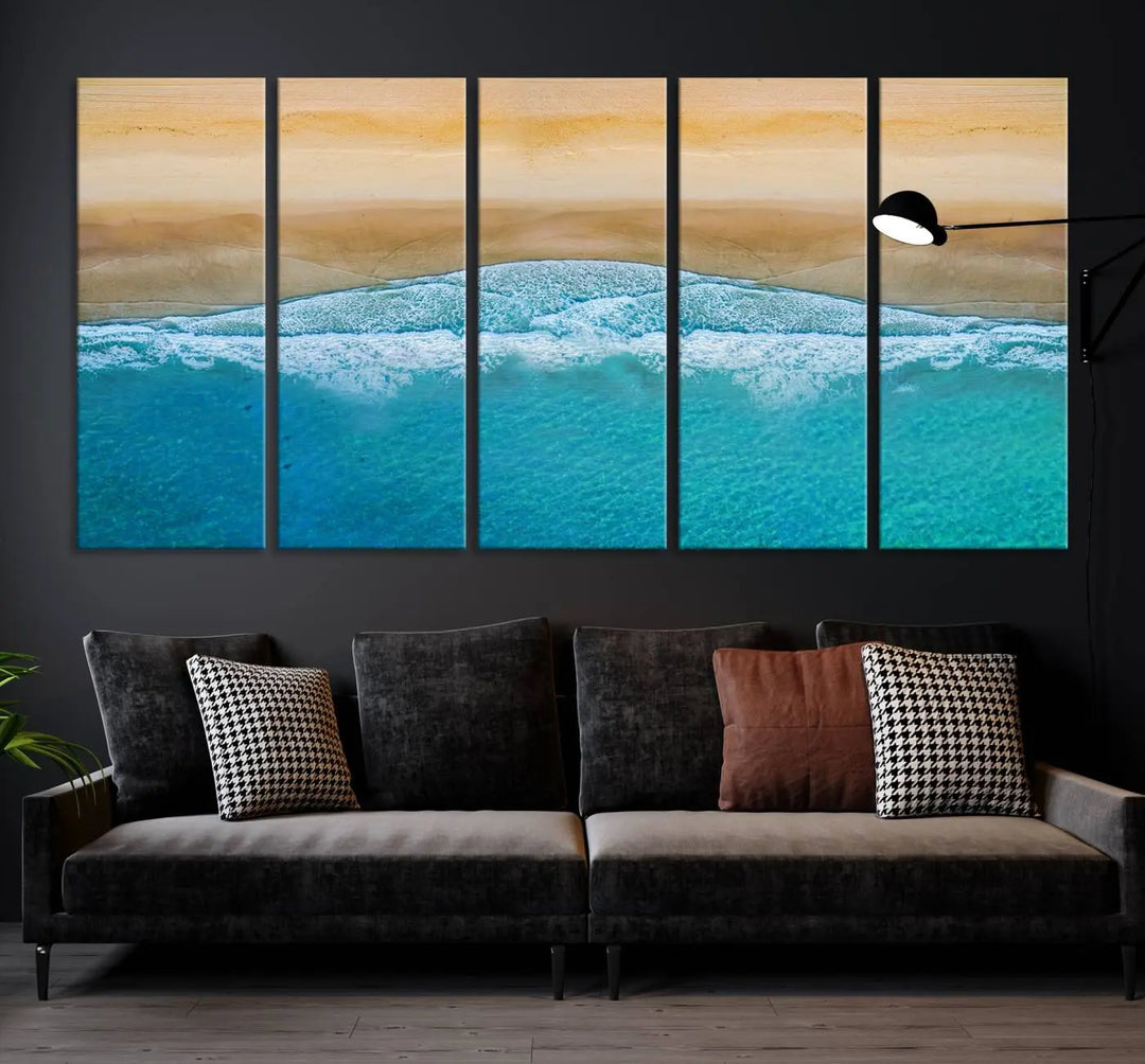 Ocean Aerial Beach Canvas Wall Art Print features a triptych of an aerial beach scene with waves, gallery-wrapped on museum-quality canvas.