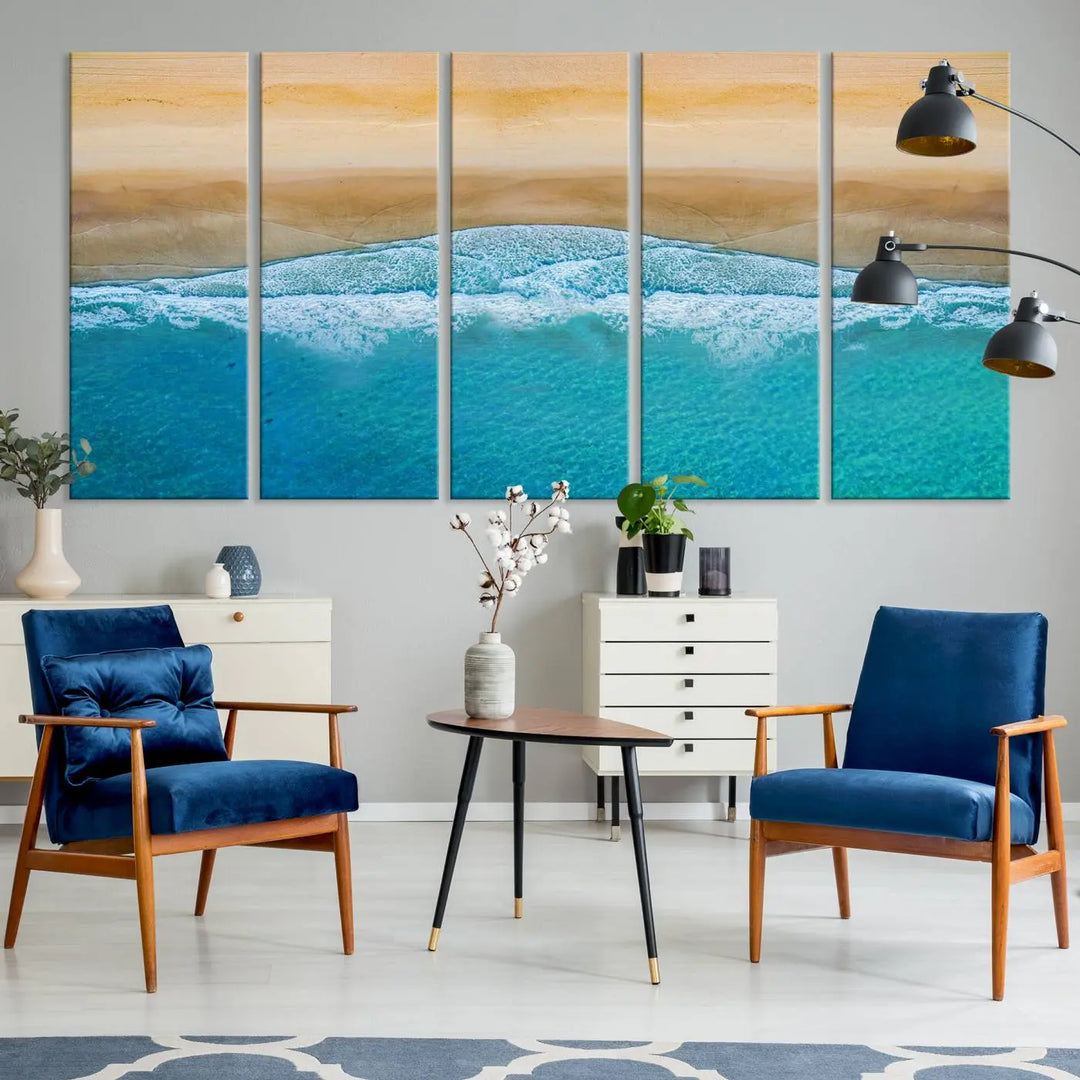 Ocean Aerial Beach Canvas Wall Art Print features a triptych of an aerial beach scene with waves, gallery-wrapped on museum-quality canvas.