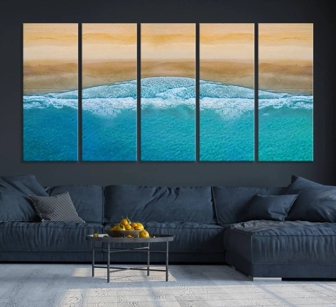 Ocean Aerial Beach Canvas Wall Art Print features a triptych of an aerial beach scene with waves, gallery-wrapped on museum-quality canvas.