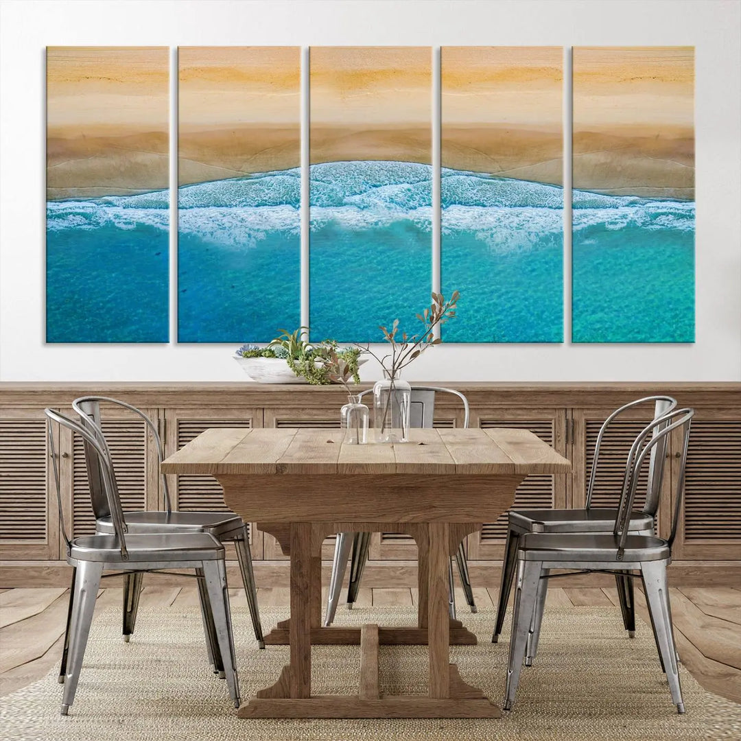 Ocean Aerial Beach Canvas Wall Art Print features a triptych of an aerial beach scene with waves, gallery-wrapped on museum-quality canvas.