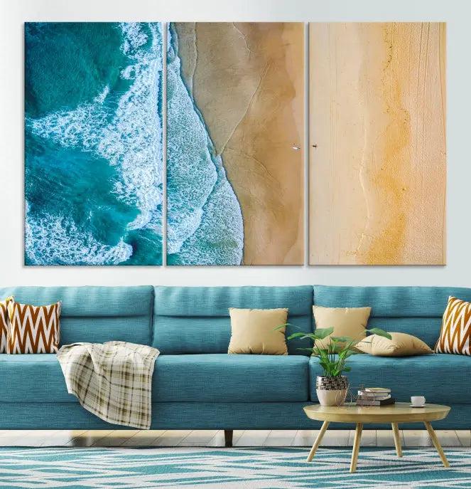 An Ocean Aerial Beach Wall Art Canvas Print, featuring a triptych of beach and ocean photography on museum-quality canvas with UV protection, is ready to hang.