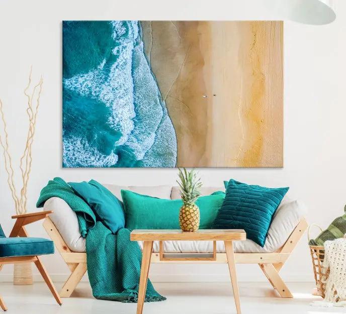 An Ocean Aerial Beach Wall Art Canvas Print, featuring a triptych of beach and ocean photography on museum-quality canvas with UV protection, is ready to hang.