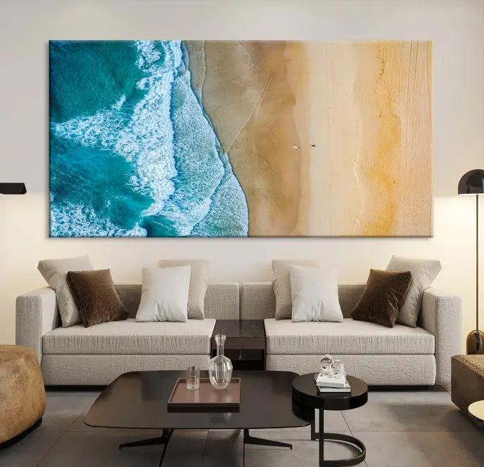 An Ocean Aerial Beach Wall Art Canvas Print, featuring a triptych of beach and ocean photography on museum-quality canvas with UV protection, is ready to hang.