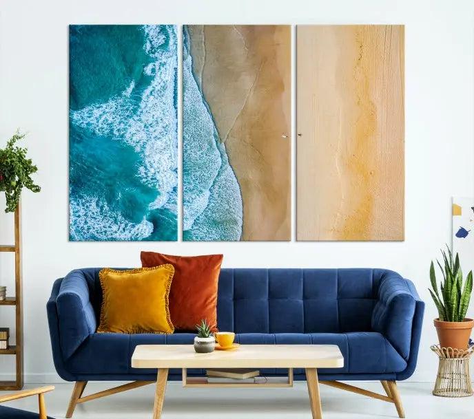 An Ocean Aerial Beach Wall Art Canvas Print, featuring a triptych of beach and ocean photography on museum-quality canvas with UV protection, is ready to hang.