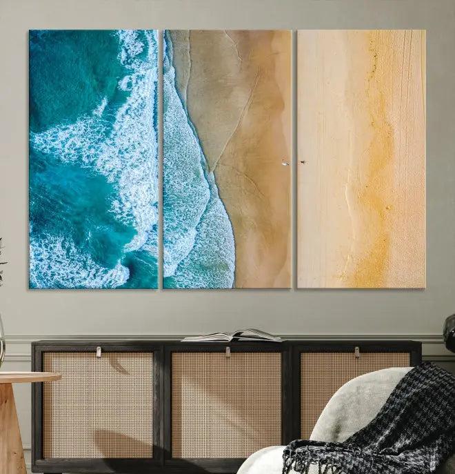 An Ocean Aerial Beach Wall Art Canvas Print, featuring a triptych of beach and ocean photography on museum-quality canvas with UV protection, is ready to hang.