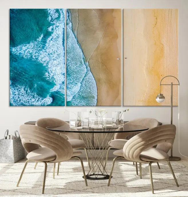 An Ocean Aerial Beach Wall Art Canvas Print, featuring a triptych of beach and ocean photography on museum-quality canvas with UV protection, is ready to hang.