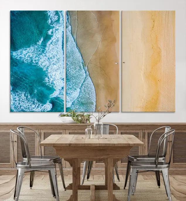 An Ocean Aerial Beach Wall Art Canvas Print, featuring a triptych of beach and ocean photography on museum-quality canvas with UV protection, is ready to hang.