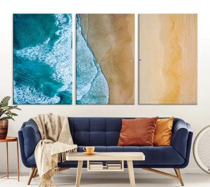 An Ocean Aerial Beach Wall Art Canvas Print, featuring a triptych of beach and ocean photography on museum-quality canvas with UV protection, is ready to hang.