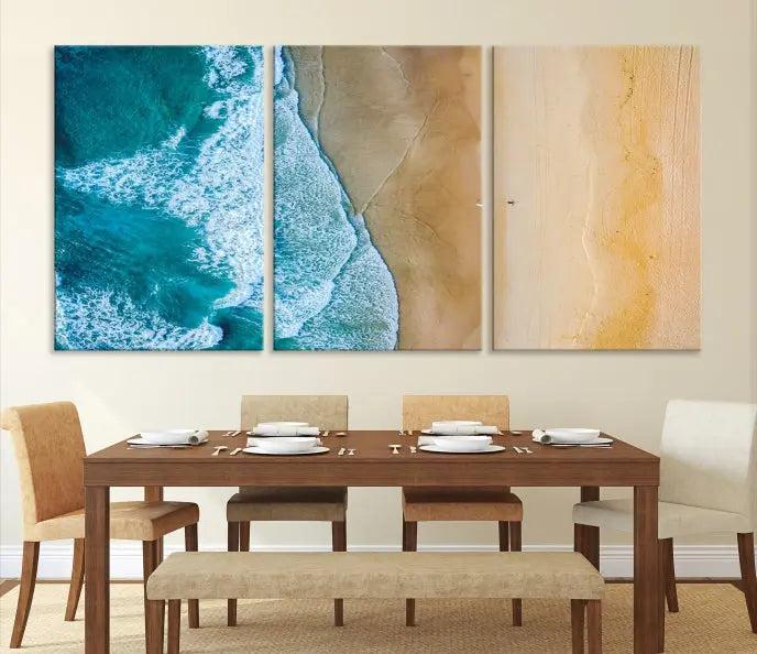 An Ocean Aerial Beach Wall Art Canvas Print, featuring a triptych of beach and ocean photography on museum-quality canvas with UV protection, is ready to hang.