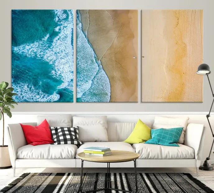 An Ocean Aerial Beach Wall Art Canvas Print, featuring a triptych of beach and ocean photography on museum-quality canvas with UV protection, is ready to hang.