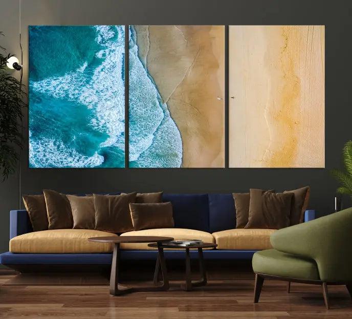 An Ocean Aerial Beach Wall Art Canvas Print, featuring a triptych of beach and ocean photography on museum-quality canvas with UV protection, is ready to hang.