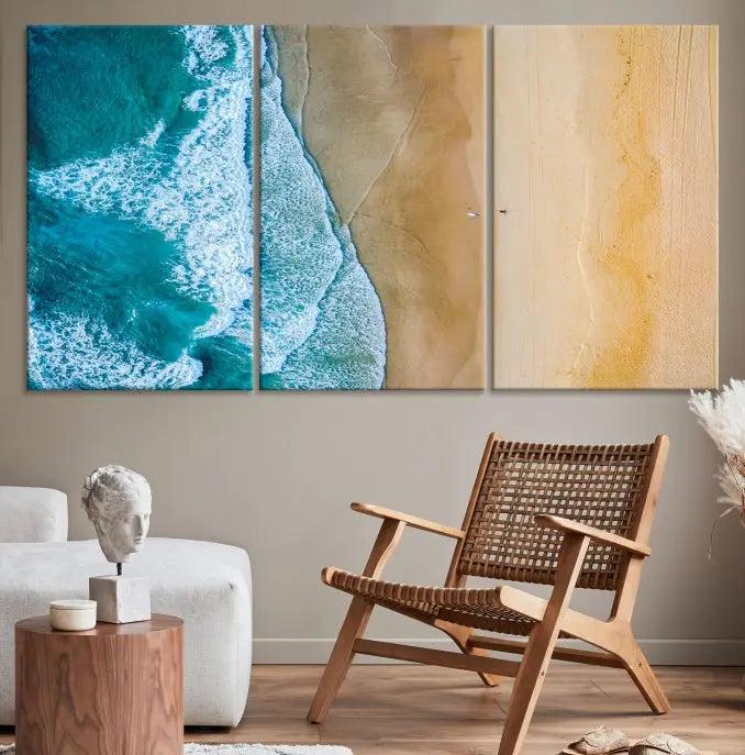 An Ocean Aerial Beach Wall Art Canvas Print, featuring a triptych of beach and ocean photography on museum-quality canvas with UV protection, is ready to hang.