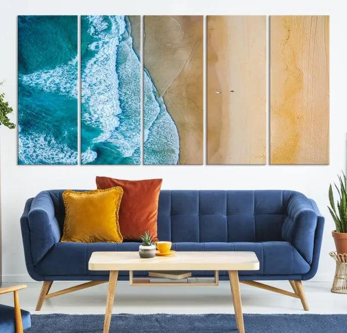 An Ocean Aerial Beach Wall Art Canvas Print, featuring a triptych of beach and ocean photography on museum-quality canvas with UV protection, is ready to hang.