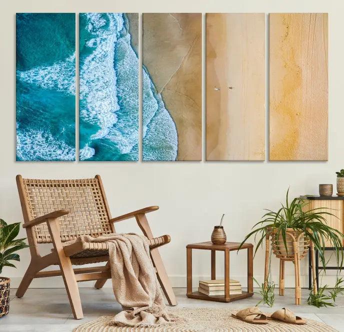 An Ocean Aerial Beach Wall Art Canvas Print, featuring a triptych of beach and ocean photography on museum-quality canvas with UV protection, is ready to hang.