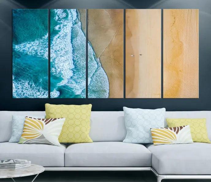 An Ocean Aerial Beach Wall Art Canvas Print, featuring a triptych of beach and ocean photography on museum-quality canvas with UV protection, is ready to hang.