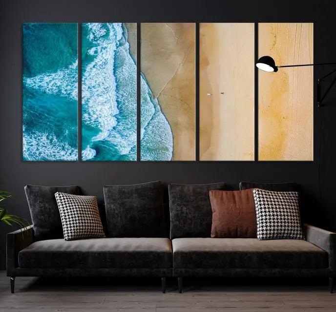 An Ocean Aerial Beach Wall Art Canvas Print, featuring a triptych of beach and ocean photography on museum-quality canvas with UV protection, is ready to hang.