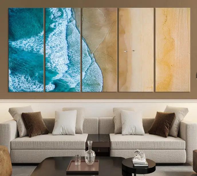 An Ocean Aerial Beach Wall Art Canvas Print, featuring a triptych of beach and ocean photography on museum-quality canvas with UV protection, is ready to hang.