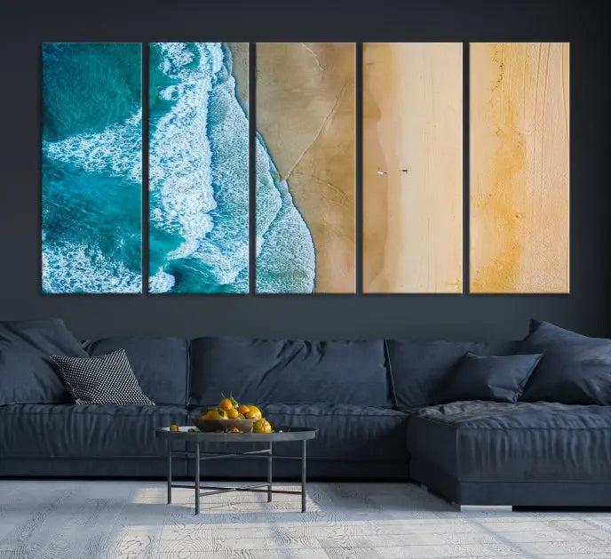 An Ocean Aerial Beach Wall Art Canvas Print, featuring a triptych of beach and ocean photography on museum-quality canvas with UV protection, is ready to hang.