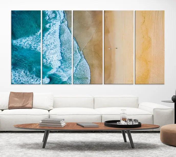 An Ocean Aerial Beach Wall Art Canvas Print, featuring a triptych of beach and ocean photography on museum-quality canvas with UV protection, is ready to hang.